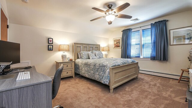 bedroom featuring light colored carpet, ceiling fan, and a baseboard heating unit