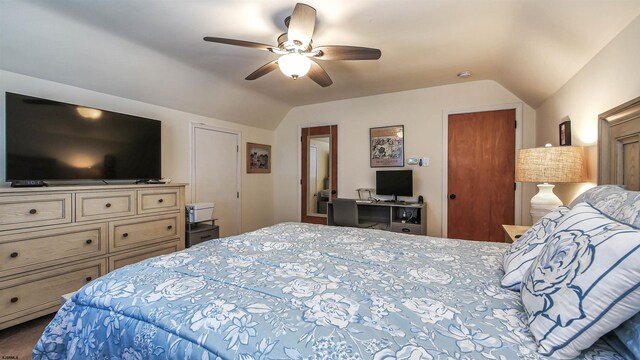 bedroom featuring ceiling fan and vaulted ceiling