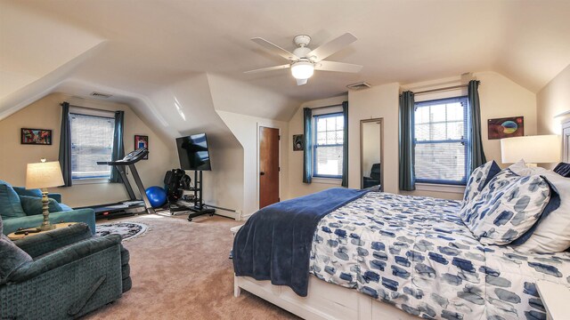 carpeted bedroom featuring ceiling fan, a baseboard heating unit, and vaulted ceiling