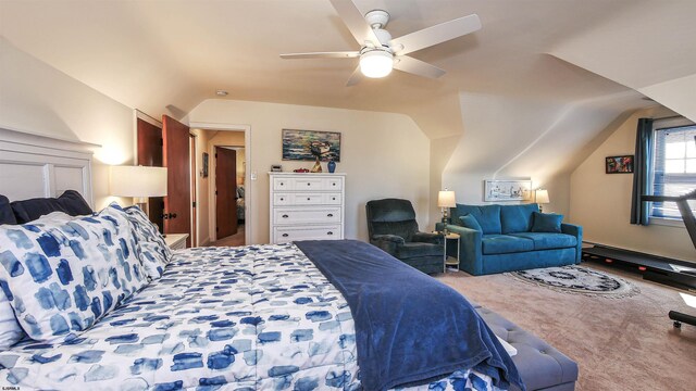 bedroom with ceiling fan, lofted ceiling, and carpet