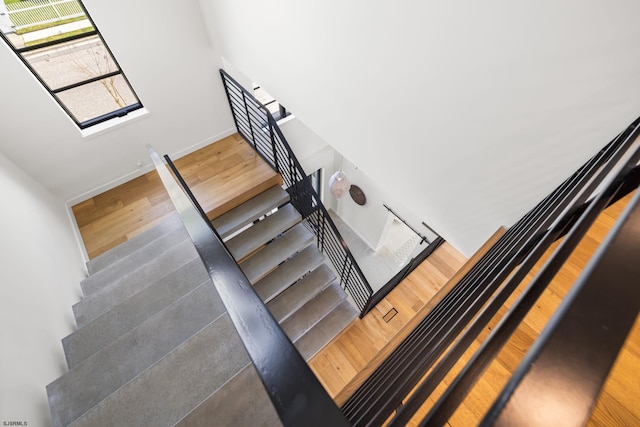 staircase with dark hardwood / wood-style flooring