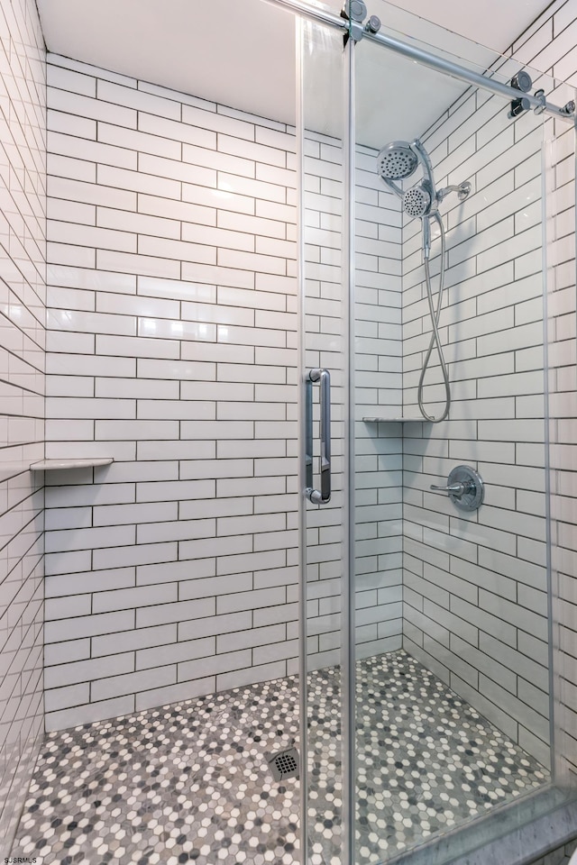 bathroom featuring a shower with door