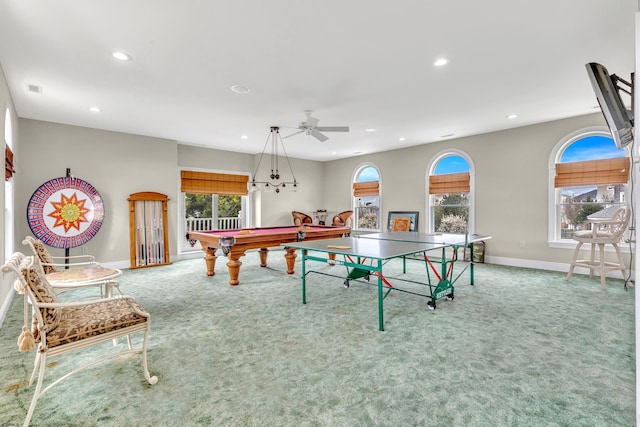 game room with ceiling fan, carpet floors, and billiards