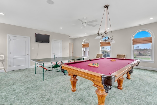 game room with light colored carpet, ceiling fan, and billiards