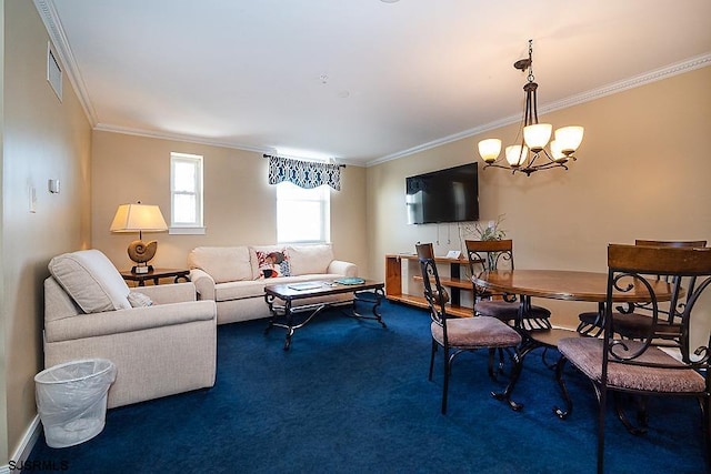 carpeted living room with crown molding and an inviting chandelier