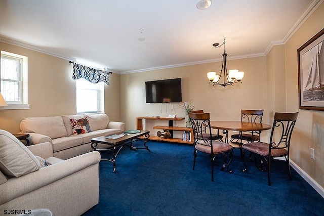 carpeted living room with a chandelier and ornamental molding