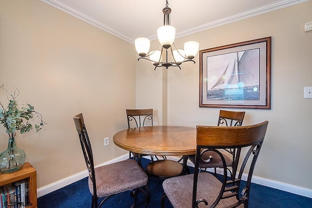 dining area featuring dark carpet, crown molding, and an inviting chandelier