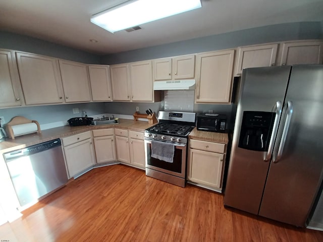 kitchen with white cabinets, light hardwood / wood-style floors, appliances with stainless steel finishes, and sink