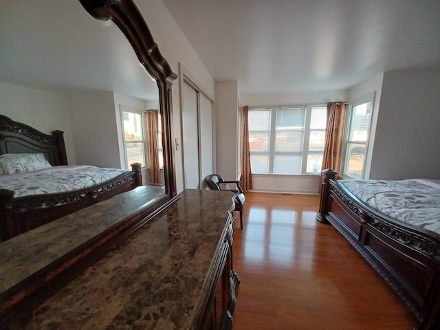 bedroom with wood-type flooring and a closet