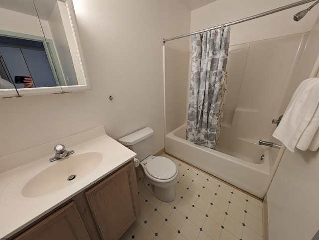 full bathroom featuring vanity, shower / tub combo, toilet, and tile flooring