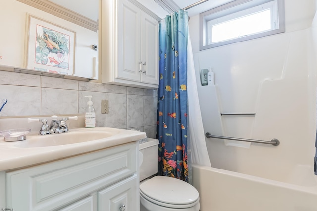 full bathroom with shower / bathtub combination with curtain, tile walls, backsplash, vanity with extensive cabinet space, and toilet