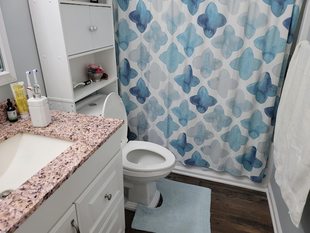 bathroom with wood-type flooring, vanity, and toilet