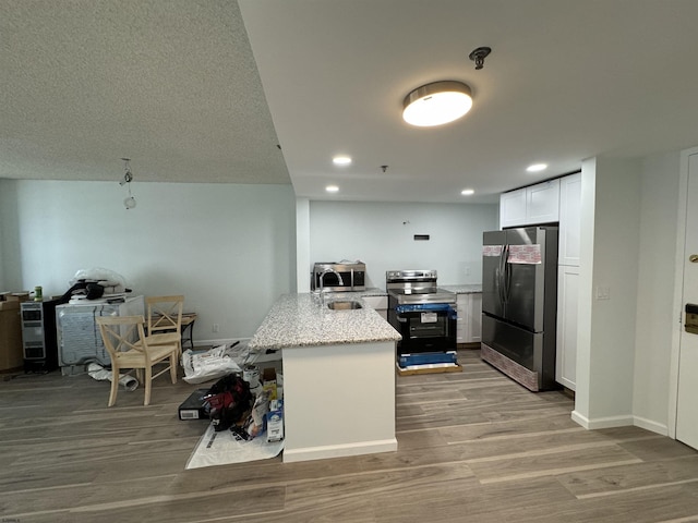 kitchen featuring light wood-type flooring, white cabinetry, recessed lighting, stainless steel appliances, and light stone countertops