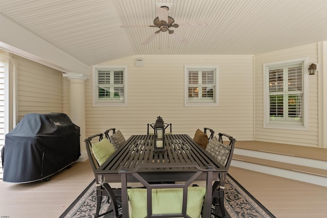 view of patio with ceiling fan and area for grilling