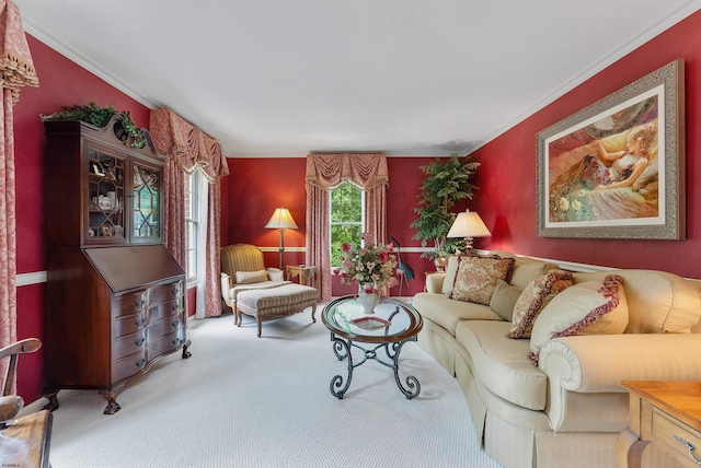 living room with carpet flooring and crown molding