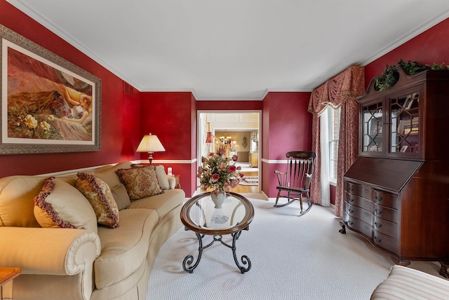 carpeted living room featuring crown molding