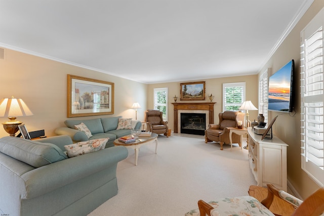 carpeted living room featuring crown molding