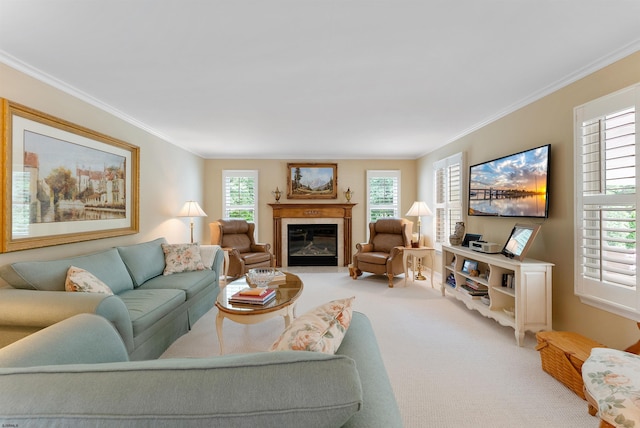 living room featuring carpet flooring and crown molding