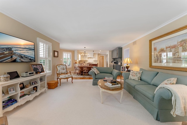 carpeted living room with a chandelier and crown molding