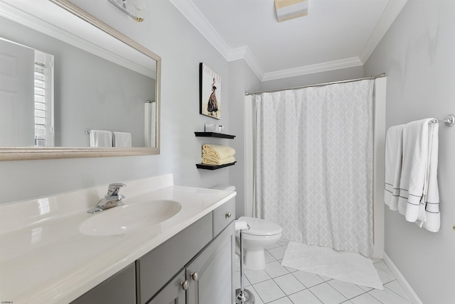 bathroom featuring toilet, vanity, tile patterned floors, and ornamental molding