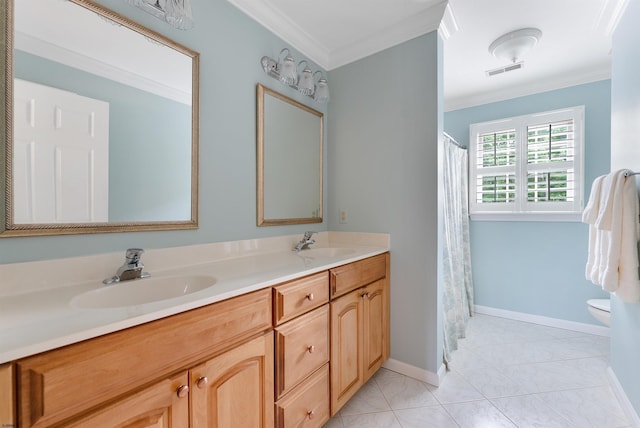 bathroom featuring tile patterned flooring, vanity, toilet, and ornamental molding