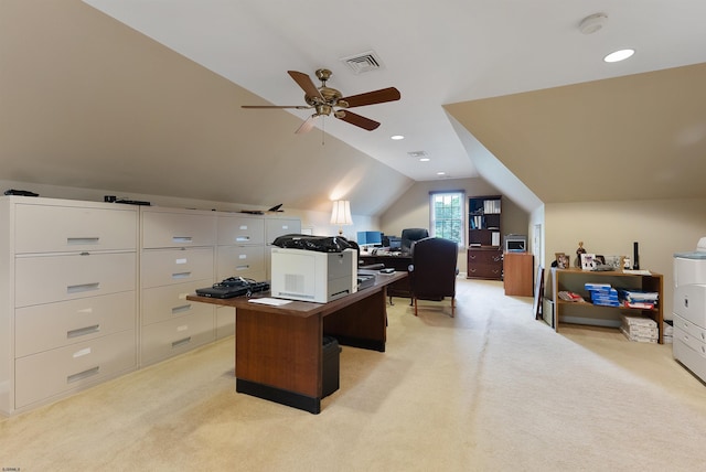 carpeted home office featuring ceiling fan and lofted ceiling