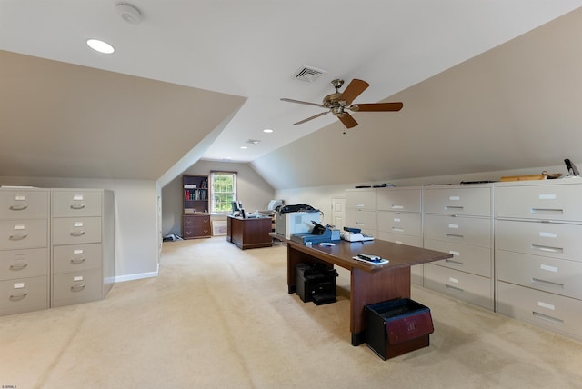 office with ceiling fan, lofted ceiling, and light carpet