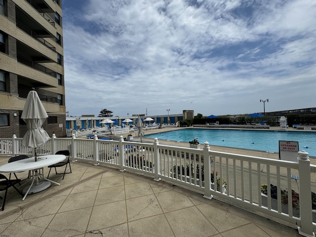 view of pool with a water view