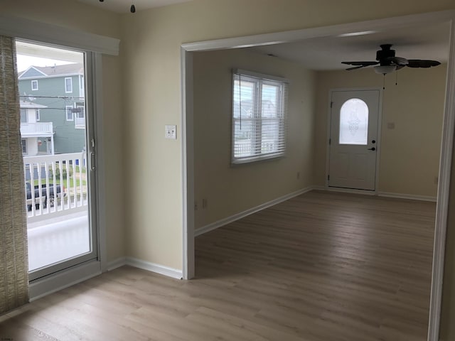 foyer entrance with light hardwood / wood-style floors, plenty of natural light, and ceiling fan