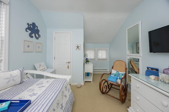 carpeted bedroom with a baseboard radiator and lofted ceiling