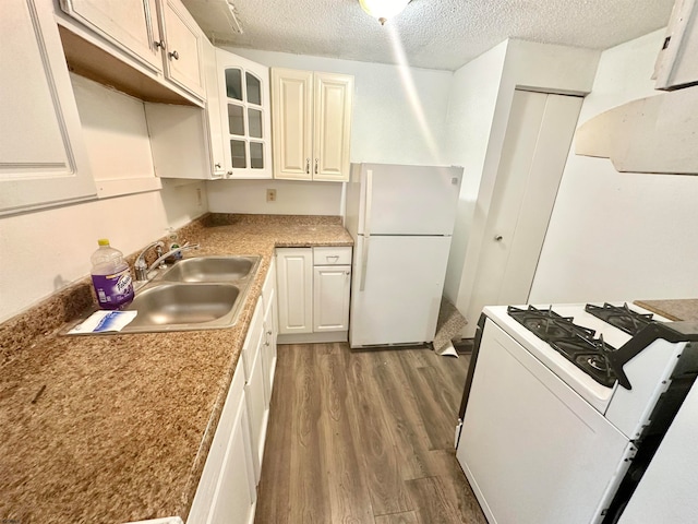 kitchen featuring sink, a textured ceiling, white appliances, and wood-type flooring