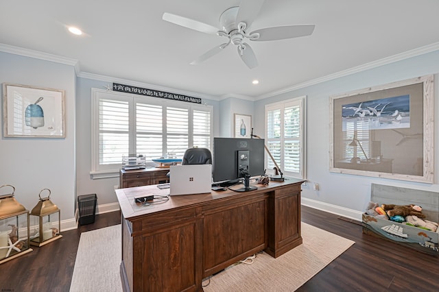 office area with ornamental molding, ceiling fan, and dark wood-type flooring