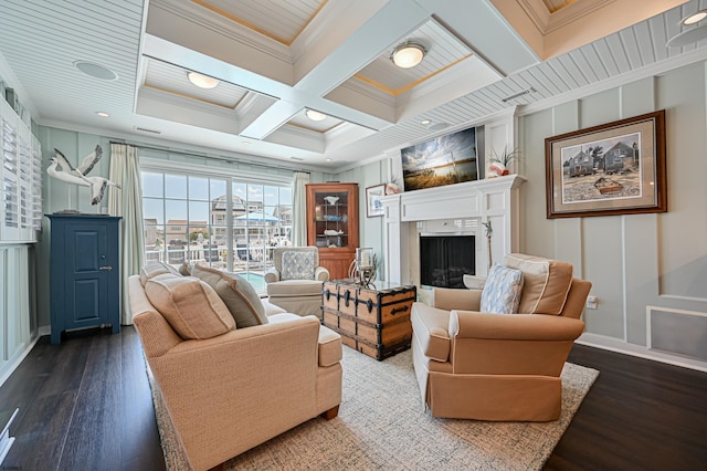 living room featuring beamed ceiling, dark wood-type flooring, crown molding, and coffered ceiling