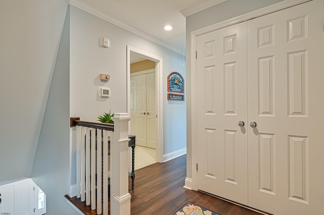 hall with crown molding and dark hardwood / wood-style flooring