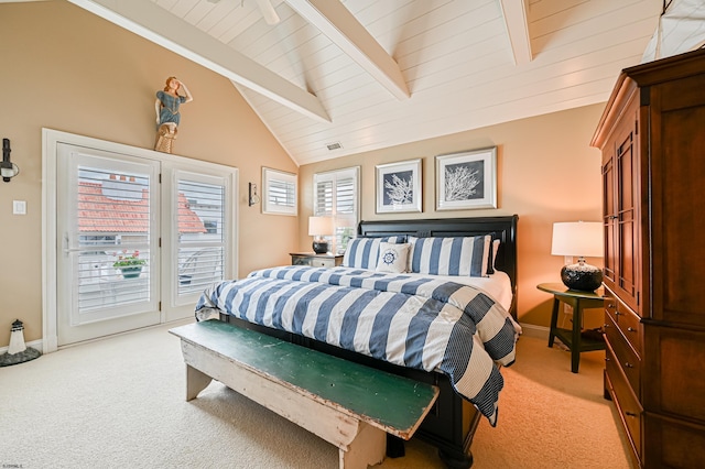 bedroom featuring vaulted ceiling with beams, light colored carpet, wood ceiling, and access to outside