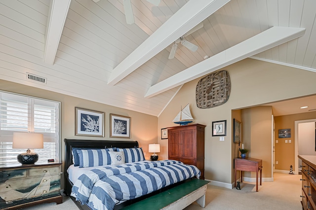 carpeted bedroom featuring ceiling fan, lofted ceiling with beams, and wooden ceiling