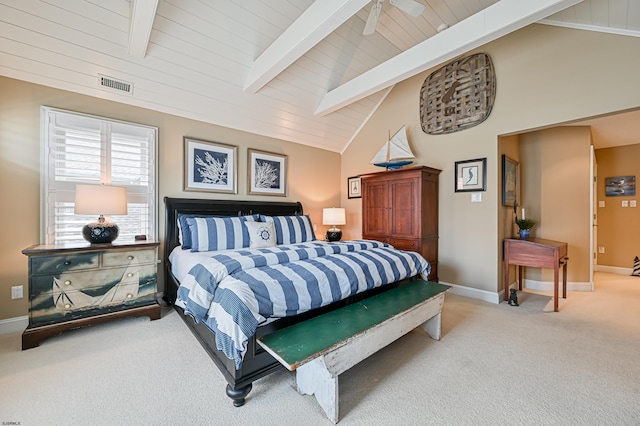 carpeted bedroom featuring beamed ceiling, high vaulted ceiling, ceiling fan, and wood ceiling