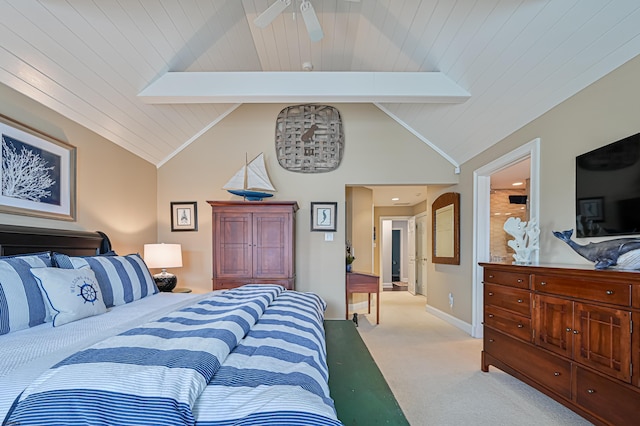 carpeted bedroom featuring vaulted ceiling with beams, ceiling fan, and wooden ceiling