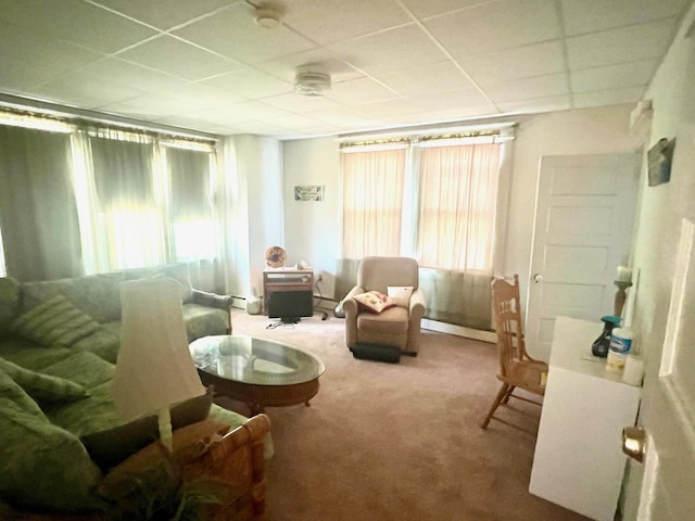 sitting room with a paneled ceiling and carpet floors