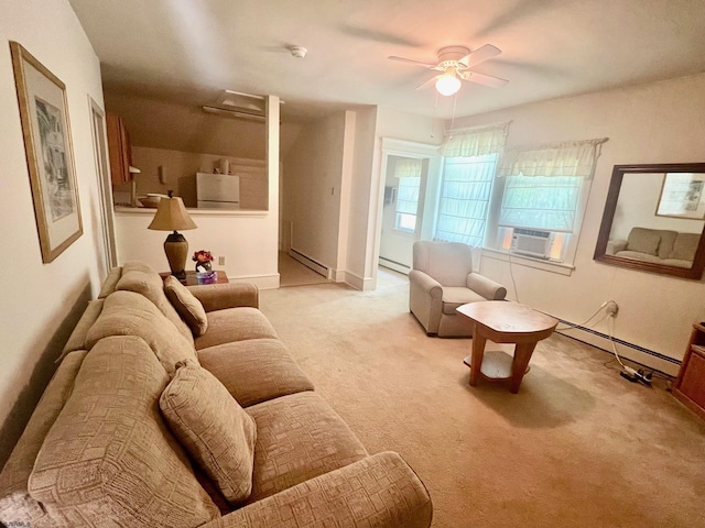 sitting room featuring cooling unit, light carpet, ceiling fan, and a baseboard radiator