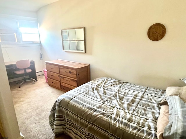 bedroom featuring light colored carpet and a baseboard radiator