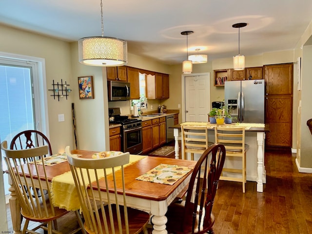 dining area with sink and dark wood-type flooring