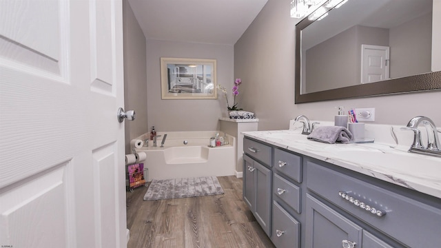 bathroom featuring hardwood / wood-style floors, a bathing tub, and double vanity