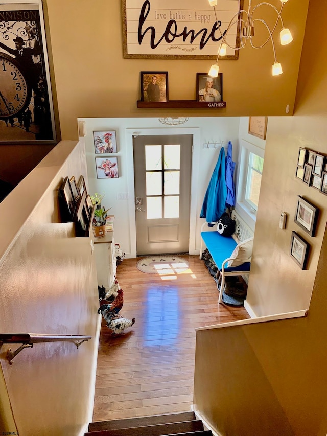 foyer entrance featuring wood-type flooring and a notable chandelier