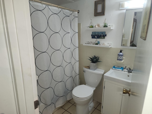 bathroom featuring vanity, backsplash, tile patterned floors, a shower with curtain, and toilet