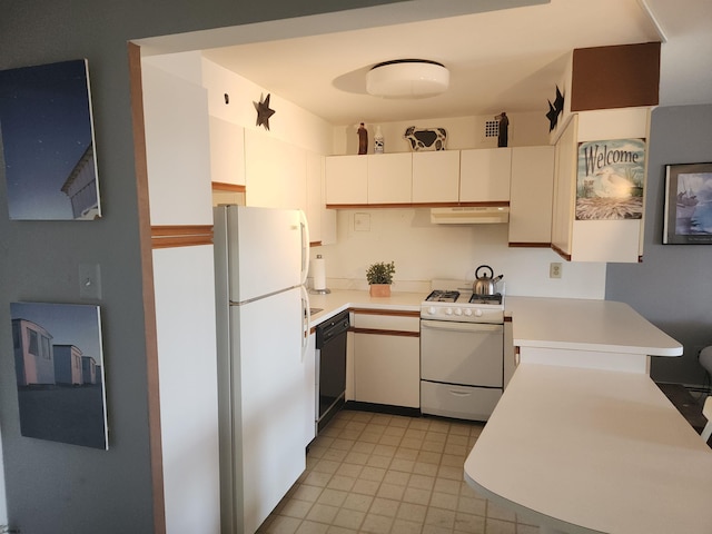 kitchen featuring white cabinetry and white appliances