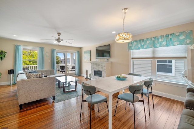 dining space featuring hardwood / wood-style flooring and ceiling fan