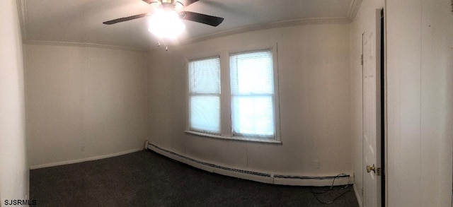 unfurnished room featuring baseboard heating, ceiling fan, ornamental molding, and carpet floors