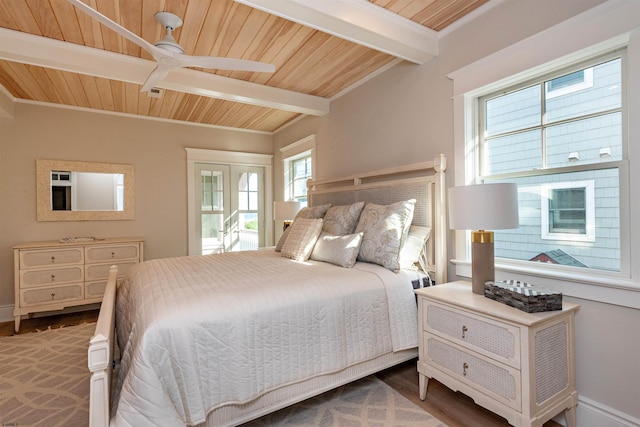 bedroom with ceiling fan, wooden ceiling, dark hardwood / wood-style flooring, and beam ceiling