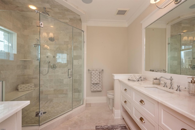 bathroom with a shower with door, toilet, vanity, and ornamental molding